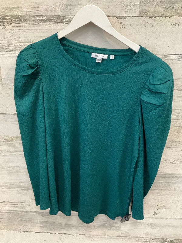 Women's Blouse with Shirt CollarTop Long Sleeve By Chicos In Green, Size: M