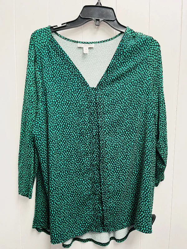 Women's Blouse with Lapel CollarTop Long Sleeve By Dana Buchman In Black & Green, Size: Xl