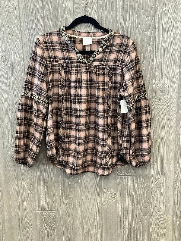 Women's Blouse with Notched CollarTop Long Sleeve By Knox Rose In Plaid Pattern, Size: S