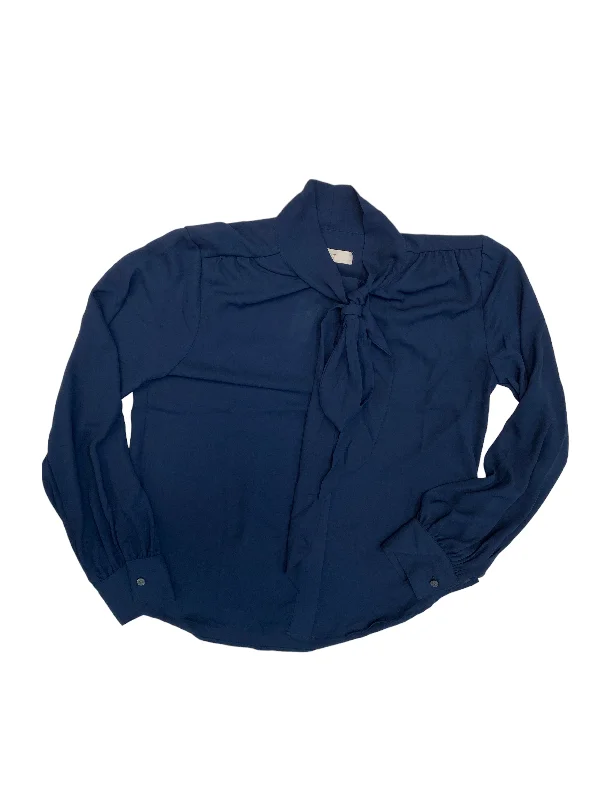 Women's Blouse with Collarless NeckTop Long Sleeve By Loft In Navy, Size: S