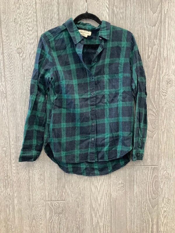 Women's Blouse with U-Shaped CollarTop Long Sleeve By Logg In Plaid Pattern, Size: S