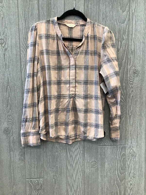 Women's Blouse with Narrow CollarTop Long Sleeve By Lucky Brand In Plaid Pattern, Size: M