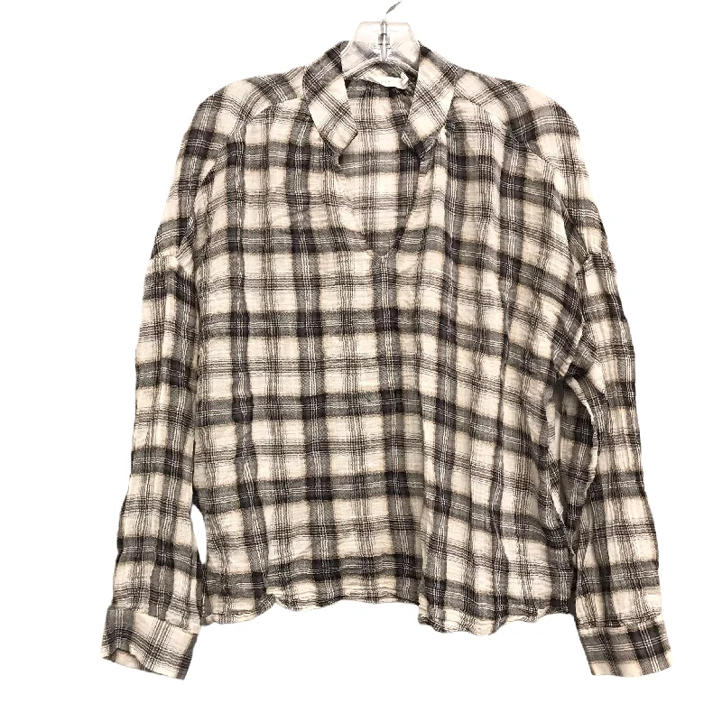 Women's Blouse with Fur TrimTop Long Sleeve By Lush In Plaid Pattern, Size: L