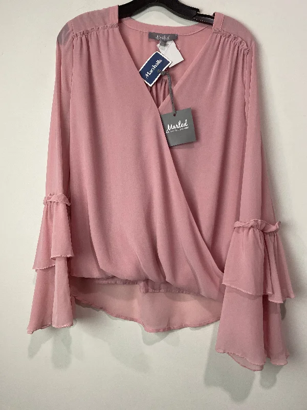 Women's Blouse with Notched CollarTop Long Sleeve By Marled In Pink, Size: M