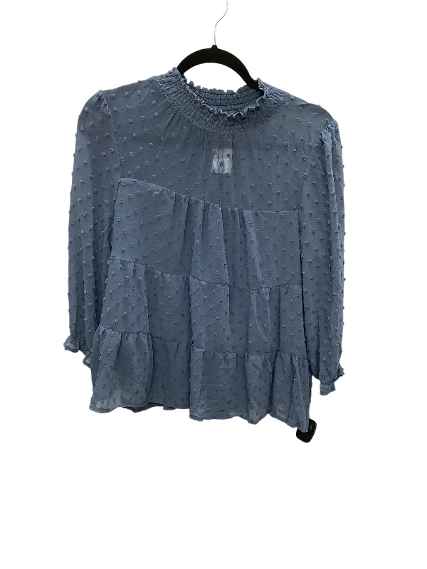 Women's Blouse with Notched CollarTop Long Sleeve By Monteau In Blue, Size: Xl