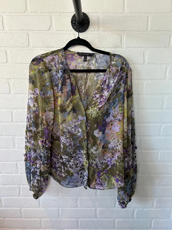 Women's Blouse with Rounded CollarTop Long Sleeve By White House Black Market In Green & Purple, Size: M